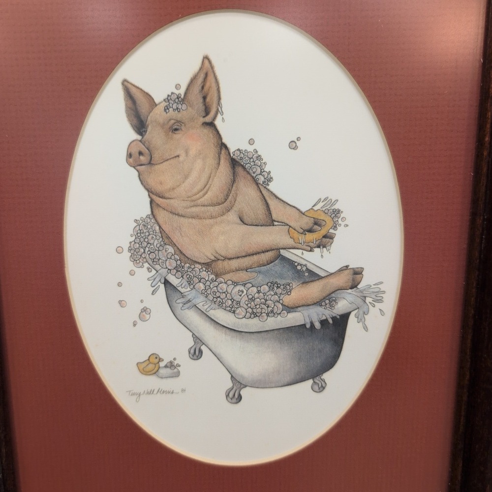 Terry Nell Morris 1984 Framed Art Print Pig Bathing Rubber Duck Bathtub 11" x 9" - Picture 2 of 6